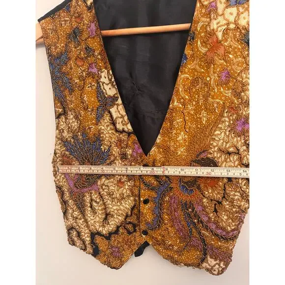 Vintage Batik Beaded Vest | Brown & Multicolor | Handmade Detailing | Size S - Picture 7 of 8